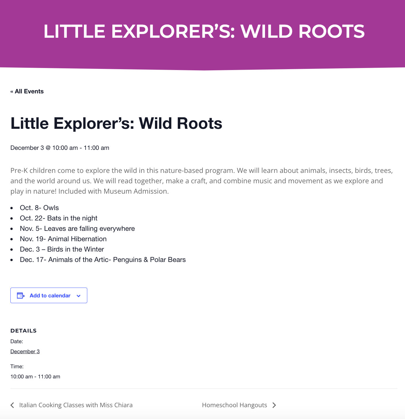 The single events page of an event, which includes details such as date and topic.